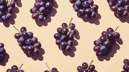 Purple Grapes in Pattern on Pastel Background with Shadows: Fresh, Organic, and Juicy Bunches