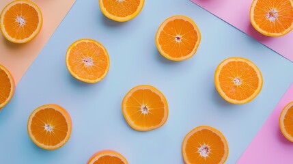 Fresh Orange Slices Pattern on Colorful Pastel Background - Vibrant and Juicy Citrus Fruits for Creative Photography