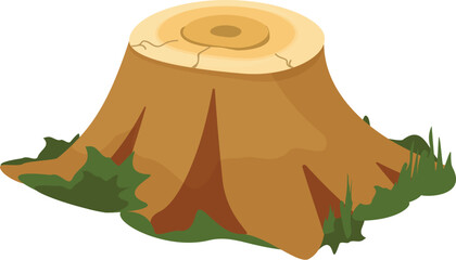 Illustration of a cute cartoon tree stump in a natural environment, highlighting the environmental issue of deforestation. Perfect for ecofriendly and environmentalthemed designs