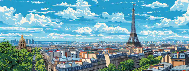 Colorful drawing of Paris with the Eiffel Tower in the background