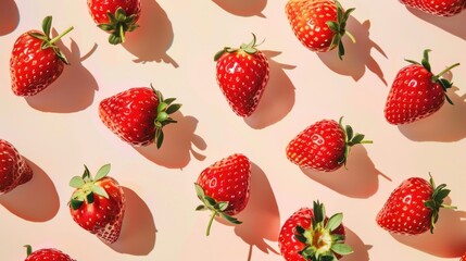 Fresh Red Strawberries in Pattern on Pastel Background: Sweet, Ripe, and Organic Berry Arrangement