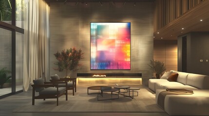 A contemporary living room featuring a wall-mounted digital art display that changes images