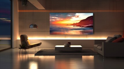 A contemporary living room featuring a wall-mounted digital art display that changes images