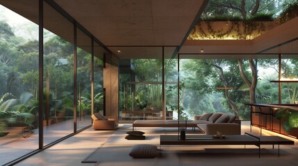 A contemporary living room in a glass house