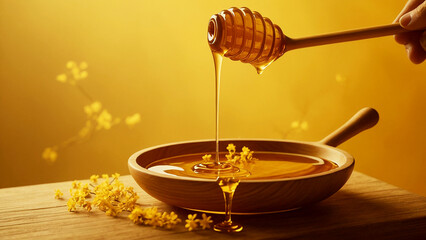 nature’s sweetest nectar with a visually captivating film that showcases honey dripping slowly from a wooden honey dipper against a vibrant yellow background
