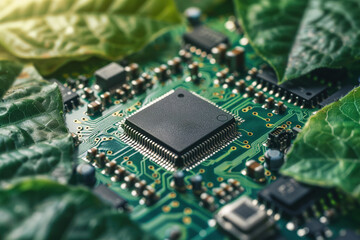 Green micro chip on circuit board and green leaves. Ecological concept.