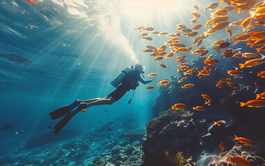 Scuba diver descends into the deep blue sea, surrounded by a vibrant school of fish, under rays of sunlight piercing the water
