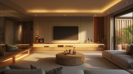 A contemporary living room with streamlined furniture and a neutral color palette