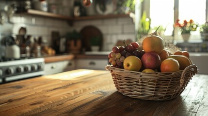 Basket of Fresh Fruits on Kitchen Table: Rustic and Inviting Indoor Arrangement with Apples, Oranges, Grapes, and More