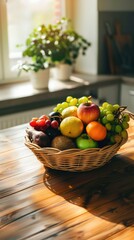 Basket of Fresh Fruits on Kitchen Table: Rustic and Inviting Indoor Arrangement with Apples, Oranges, Grapes, and More