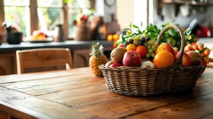 Basket of Fresh Fruits on Kitchen Table: Rustic and Inviting Indoor Arrangement with Apples, Oranges, Grapes, and More