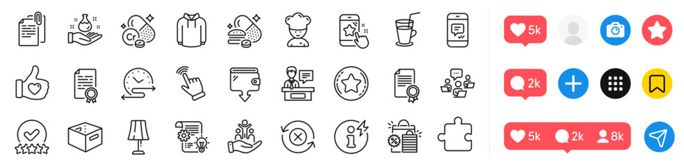 Chromium mineral, Inclusion and Chemistry lab line icons pack. Social media icons. Cogwheel, Table lamp, Loyalty star web icon. Puzzle, Wallet, Reject refresh pictogram. Vector