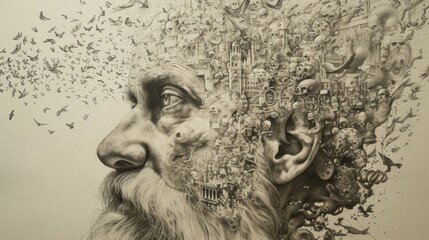 Surreal black and white portrait featuring a historical figure's face evolving into a detailed cityscape and organic forms.