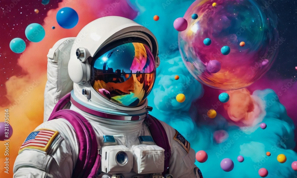 Wall mural beautiful painting of an astronaut in in a colorful bubbles galaxy on a different planet.