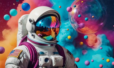 Beautiful painting of an astronaut in in a colorful bubbles galaxy on a different planet.