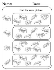 Shrimp Puzzle. Printable Activity Page for Kids. Educational Resources for School for Kids. Kids Activity Worksheet. Find Similar Shape