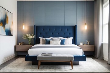Modern Master Bedroom Design With Blue Headboard And Grey Textured Accent Wall