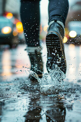 Rain, walking boots and and water splash in city street.