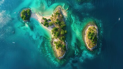 A breathtaking aerial view of a cluster of small islands surrounded by crystal clear water in the...