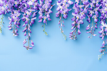 rami di fiori di glicine viola pendenti su sfondo azzurro