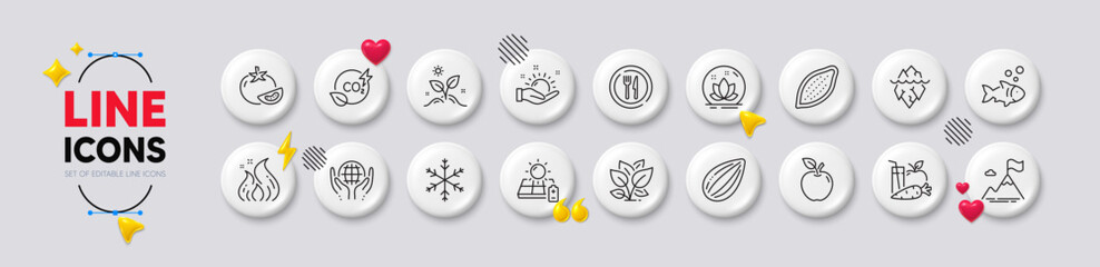 Grow plant, Apple and Fish line icons. White buttons 3d icons. Pack of Mountain flag, Fire energy, Iceberg icon. Snowflake, Juice, Sunny weather pictogram. Lotus, Tomato, Cocoa nut. Vector