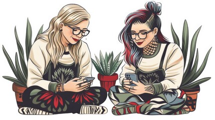 Two illustrated women sitting with their phones surrounded by plants, showcasing a moment of modern leisure.
