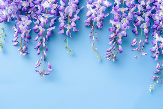 rami di fiori di glicine viola pendenti su sfondo azzurro