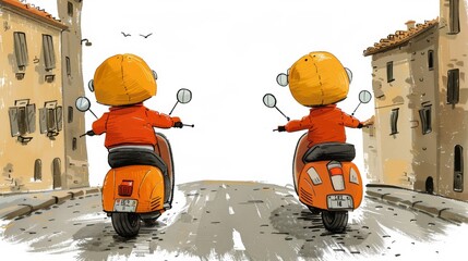 An illustration of a joyful retired couple riding scooters in an Italian street, evoking a sense of freedom and happiness.