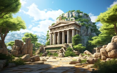 Obraz premium Ancient Greek temple surrounded by lush greenery on a sunny day, showcasing historical architecture in a tranquil natural setting.