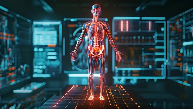 Isolated anatomical human body model with 3D hologram. Medical concept. new 