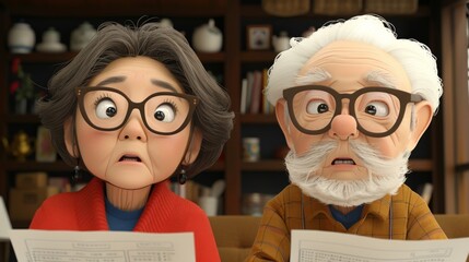 Illustration of a worried elderly couple examining documents together, with expressions of concern.