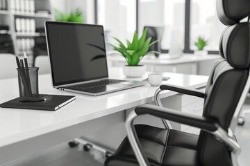 A modern office workspace with a laptop, office supplies, and a comfortable chair.