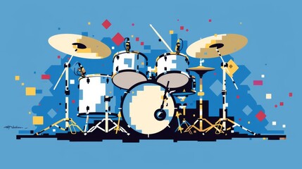 Colorful illustration of a drum set with rainbow paint splashes around, conveying an energetic and vibrant vibe.