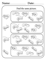 Shrimp Puzzle. Printable Activity Page for Kids. Educational Resources for School for Kids. Kids Activity Worksheet. Find Similar Shape