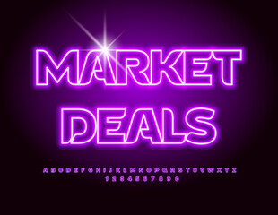 Vector business icon Market Deals. Neon Alphabet Letters and Numbers set. Glowing Violet Font.
