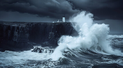 Giant water wave crashing into rock with lighthouse on top with sky background.