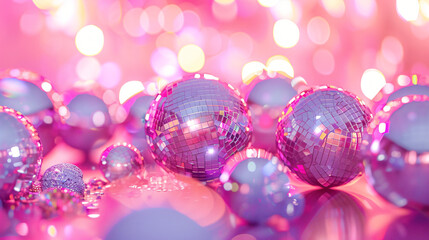 Many shiny disco balls on table against blurred background