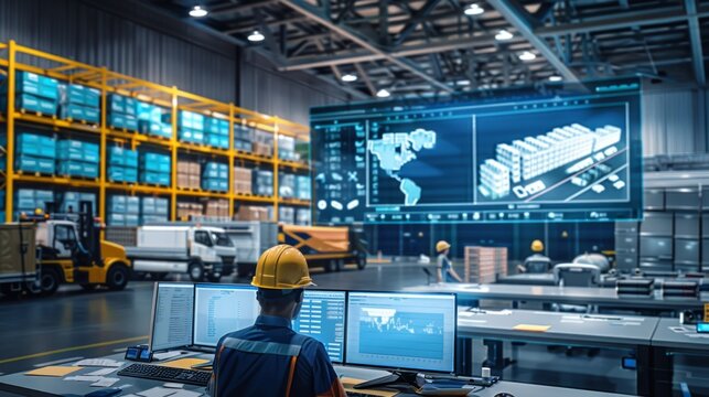 A high-tech control room with logistics managers monitoring screens displaying real-time data on shipments