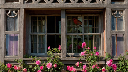 Fototapeta na wymiar Bouquet of flowers pink roses on the window. Rustic still life. Cosiness in the house. 