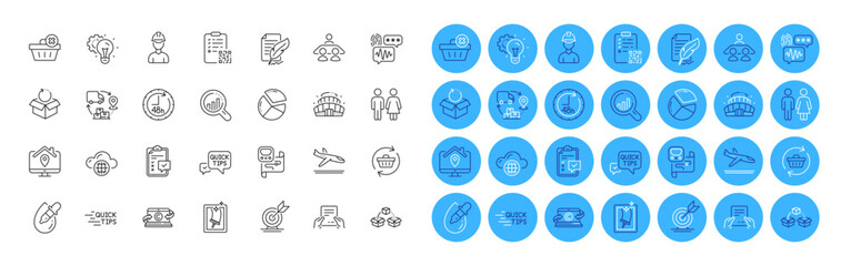 Supply chain, Biometric security and Pie chart line icons pack. Metro map, Seo analysis, Window cleaning web icon. Checklist, Feather signature, Arena stadium pictogram. Color icon buttons. Vector
