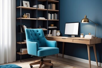 Contemporary Study Room Design With Upholstered Blue Chair