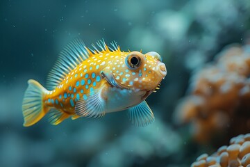 Fototapeta premium Pufferfish inflating its body as a defense mechanism, representing marine oddities. 