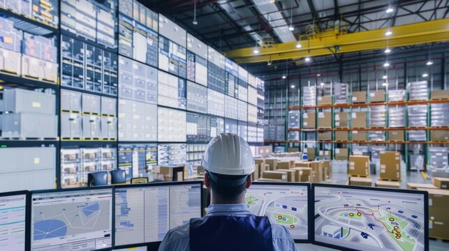 A high-tech control room with logistics managers monitoring screens displaying real-time data on shipments