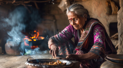 Indian villager old lady making food on chulha