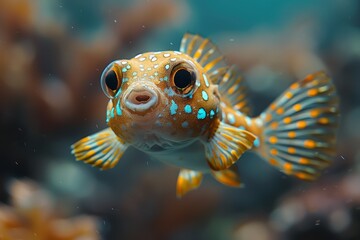 Obraz premium Pufferfish inflating its body as a defense mechanism, representing marine oddities. 