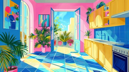Fototapeta premium Vibrant illustration of a sunny kitchen leading to a balcony with plants and blue skies.