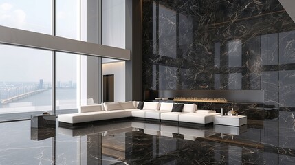A contemporary living room with floor-to-ceiling reflective black marble walls