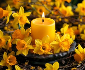 Candlelight amidst vibrant yellow daffodils