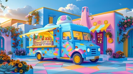 Obraz premium Colorful illustration of a food truck at a lively city festival; vibrant houses and flowers surround.