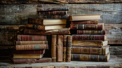 Stacks of old books on a wooden brown background. AI generated